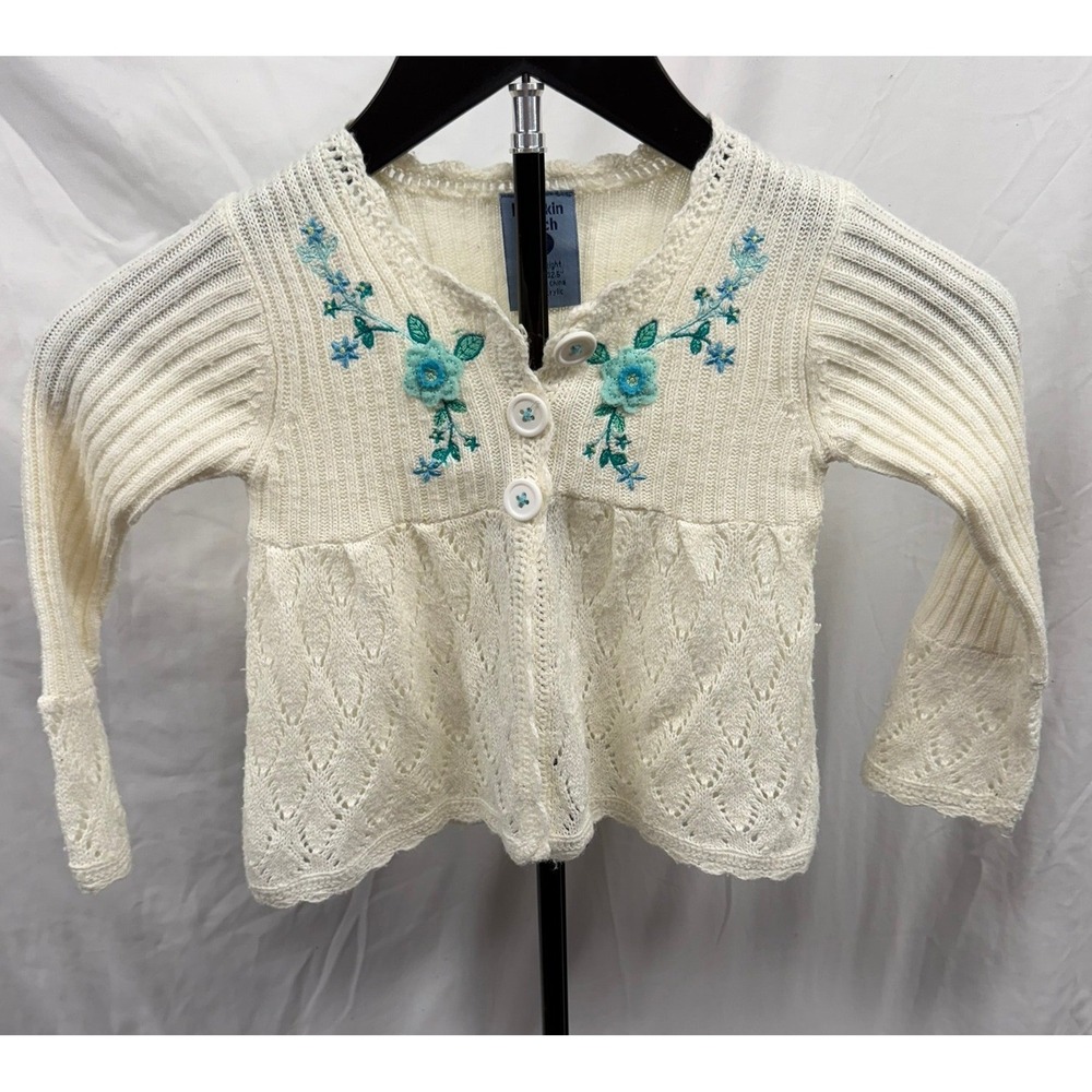 Vintage Y2K 07 Girls Ivory Floral Embroidered Pointelle Knit Cardigan Sweater 4